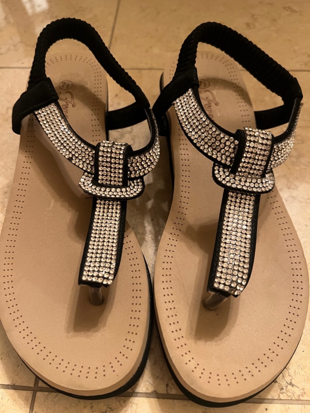 Black Embellished T-Strap Women's Sandals